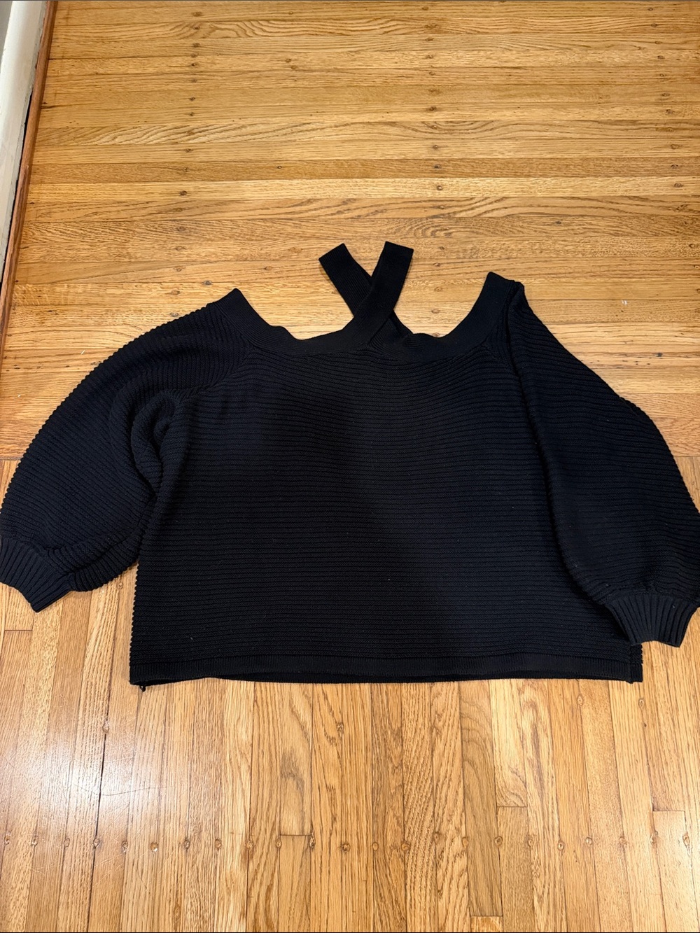 Eloquii Black Off-Shoulder Knit Sweater with Cross-Strap Detail